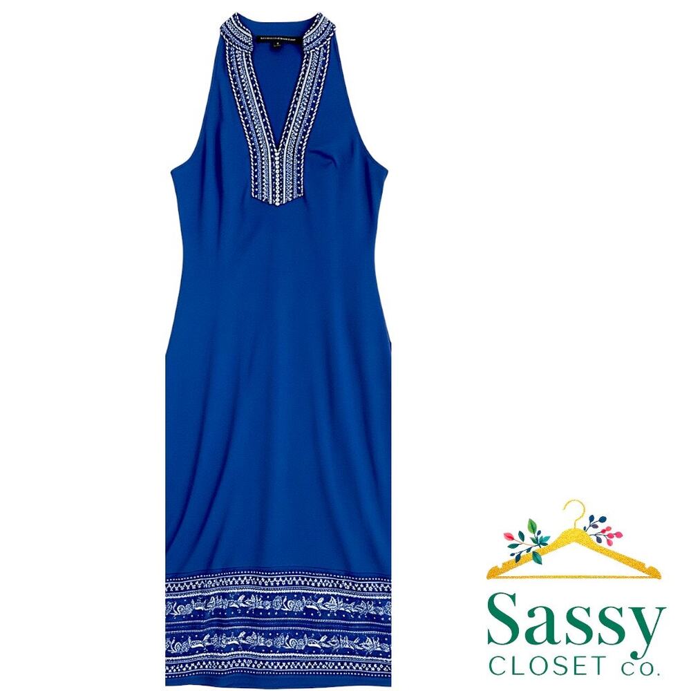WHBM Blue Halter Dress Embroidered V‑Neck Stretch Pullover Women’s SP